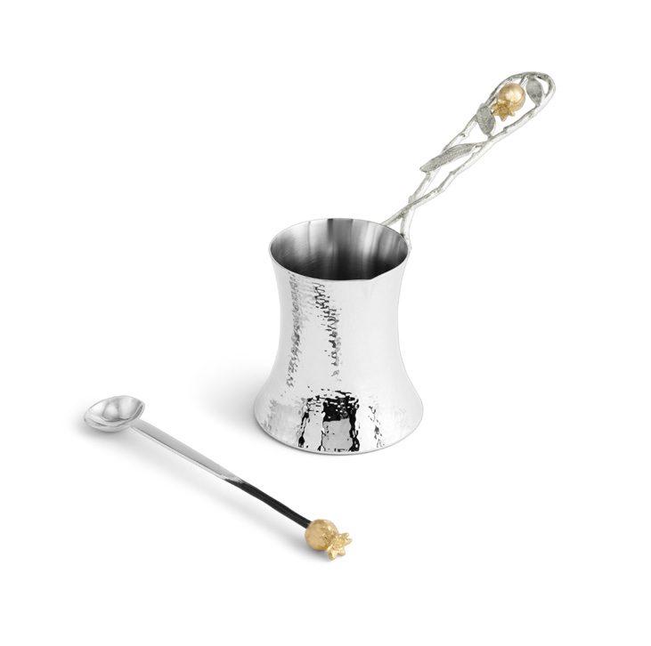 Pomegranate Silver & Gold Coffee Pot with Spoon