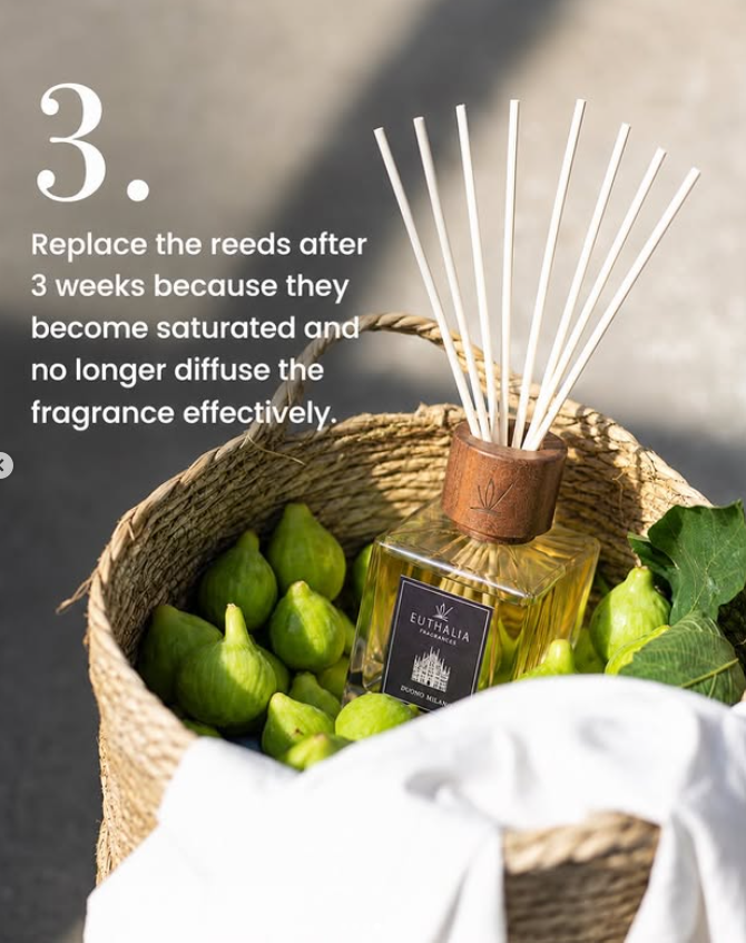 Replace the reeds after 3 weeks because they become saturated and no longer diffuse the fragrance effectively.