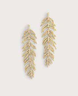 2cm W Palm Leaves Pave Dangle Gold Earrings