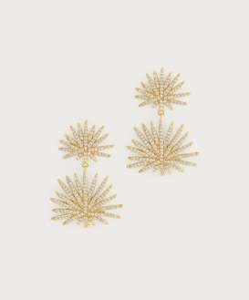 2cm W Palm Pave Double Fan Gold Earrings