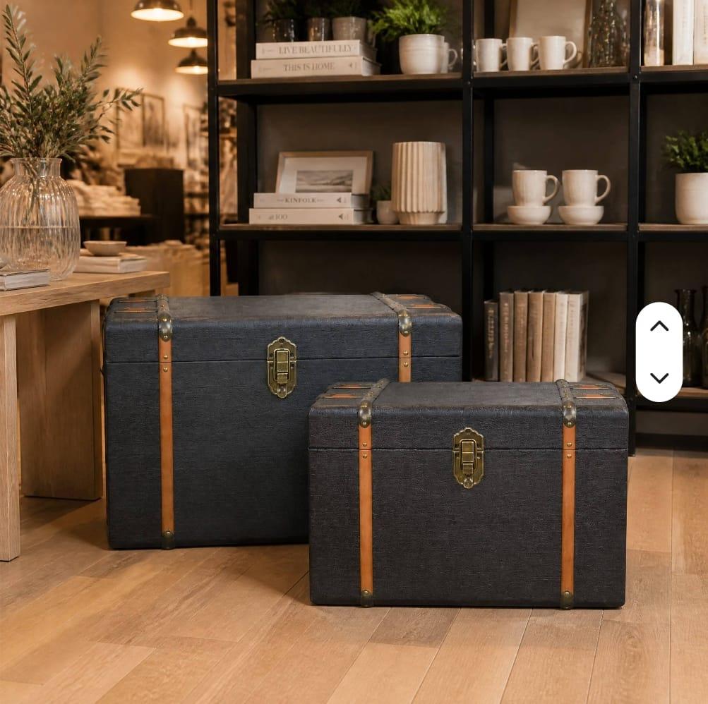 Charcoal Leather Strap Trunk Set (S/2)