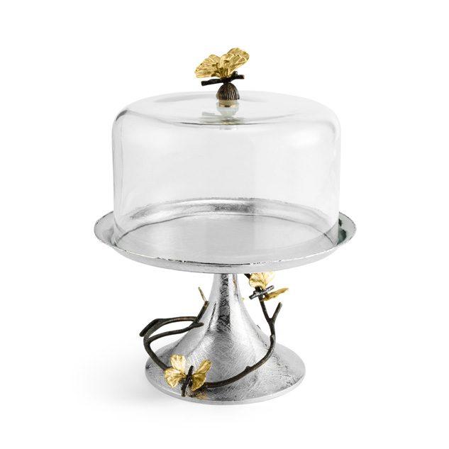 Glass Butterfly Ginkgo Pastry Dish w/ Dome