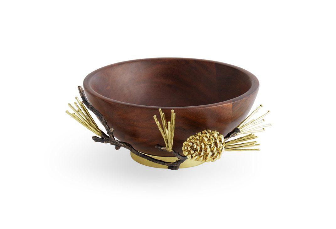 Antique Goldtone Pine Cone Wood Small Bowl