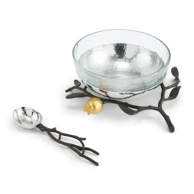 Brown Enamel Pomegranate Glass Bowl w/ Spoon