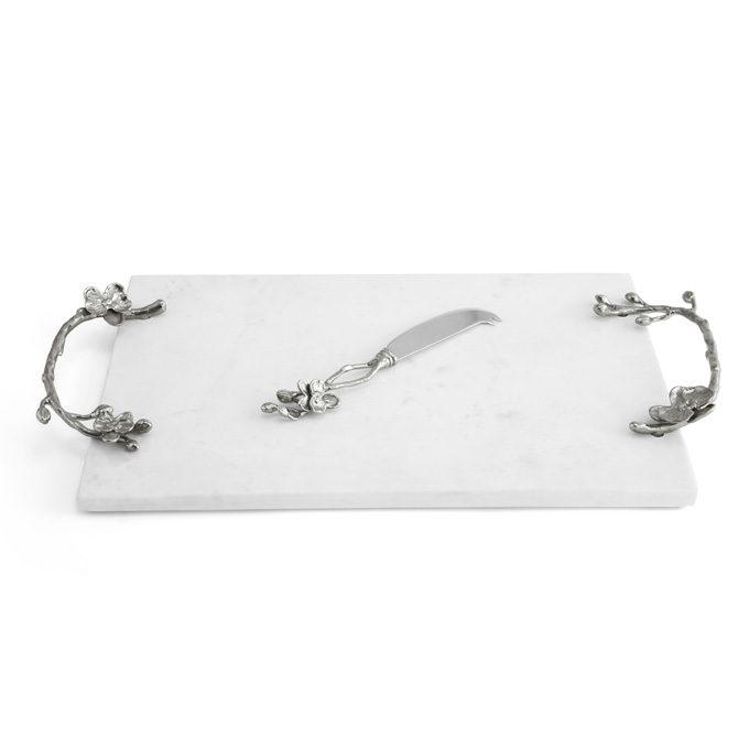 Black Felt White Orchid Cheese Board w/ Knife