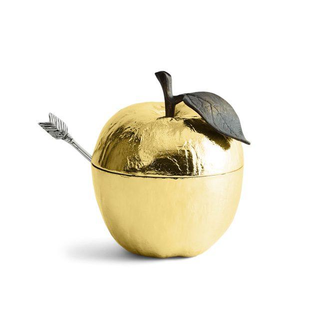 Brown Enamel Apple Honey Pot w/ Spoon Goldtone
